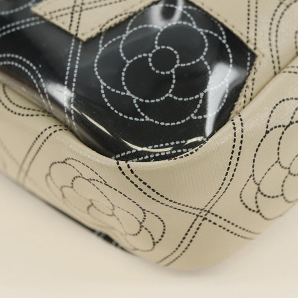 CHANEL Camelia Shoulder Bag Coated Canvas White Black CC Auth 182034SAV