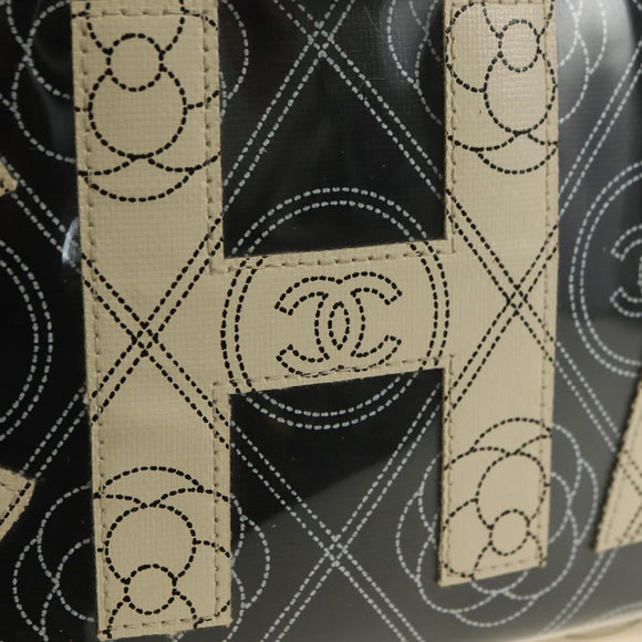 CHANEL Camelia Shoulder Bag Coated Canvas White Black CC Auth 182034SAV