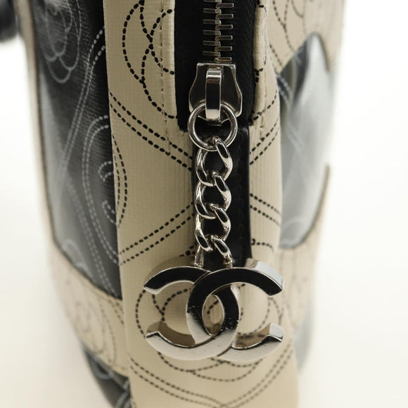 CHANEL Camelia Shoulder Bag Coated Canvas White Black CC Auth 182034SAV