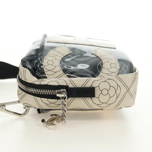 CHANEL Camelia Shoulder Bag Coated Canvas White Black CC Auth 182034SAV