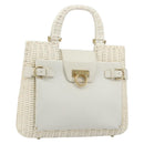 Salvatore Ferragamo Gancini Hand Bag Rattan White Gold Auth 182039A-1