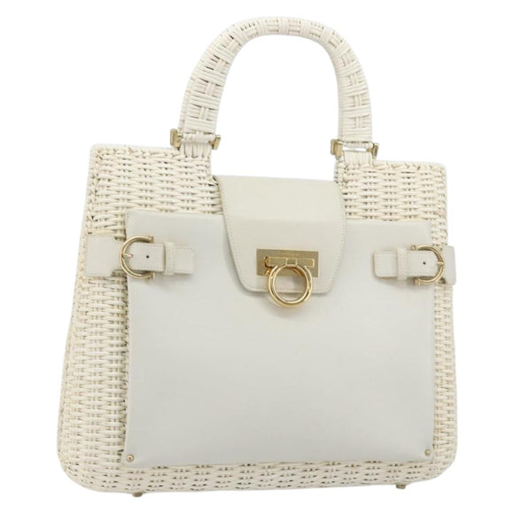 Salvatore Ferragamo Gancini Hand Bag Rattan White Gold Auth 182039A