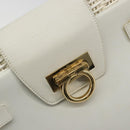 Salvatore Ferragamo Gancini Hand Bag Rattan White Gold Auth 182039A-15