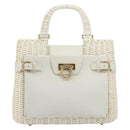 Salvatore Ferragamo Gancini Hand Bag Rattan White Gold Auth 182039A-2