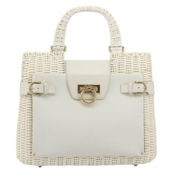 Salvatore Ferragamo Gancini Hand Bag Rattan White Gold Auth 182039A