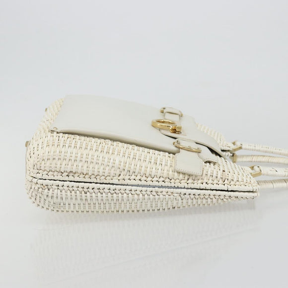 Salvatore Ferragamo Gancini Hand Bag Rattan White Gold Auth 182039A
