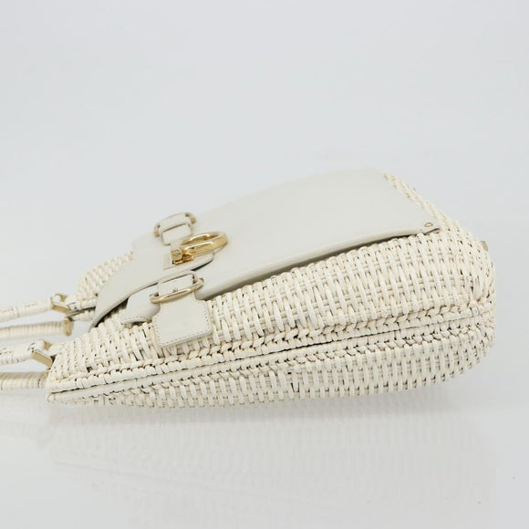 Salvatore Ferragamo Gancini Hand Bag Rattan White Gold Auth 182039A