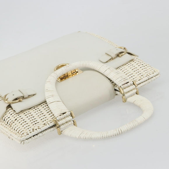 Salvatore Ferragamo Gancini Hand Bag Rattan White Gold Auth 182039A