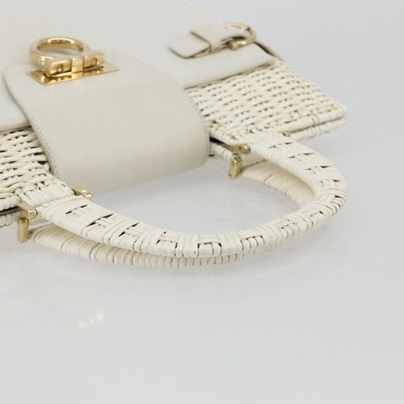Salvatore Ferragamo Gancini Hand Bag Rattan White Gold Auth 182039A