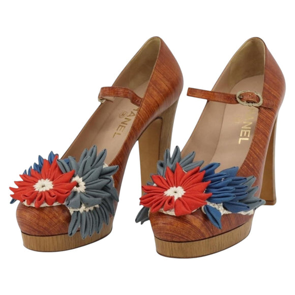 CHANEL Pumps Leather 38 1/2 Brown CC Auth 182044V