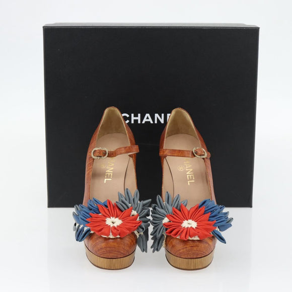 CHANEL Pumps Leather 38 1/2 Brown CC Auth 182044V