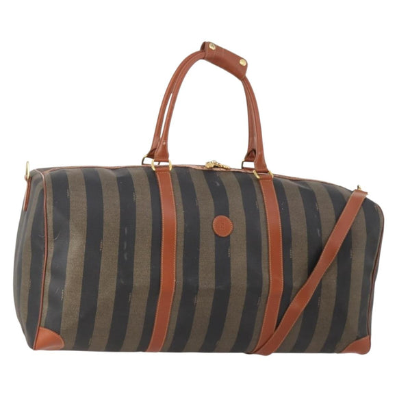 FENDI Pecan Canvas Boston Bag PVC 2way Black Brown Auth 182068