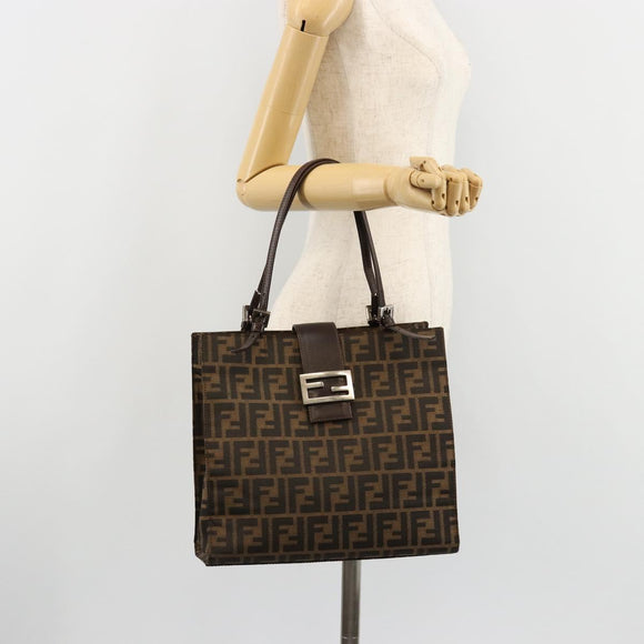 FENDI Zucca Canvas Mamma Baguette Tote Bag Black Brown Auth 182074