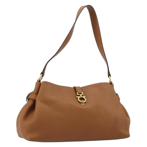 Salvatore Ferragamo Gancini Shoulder Bag Leather Brown Gold Auth 182081A