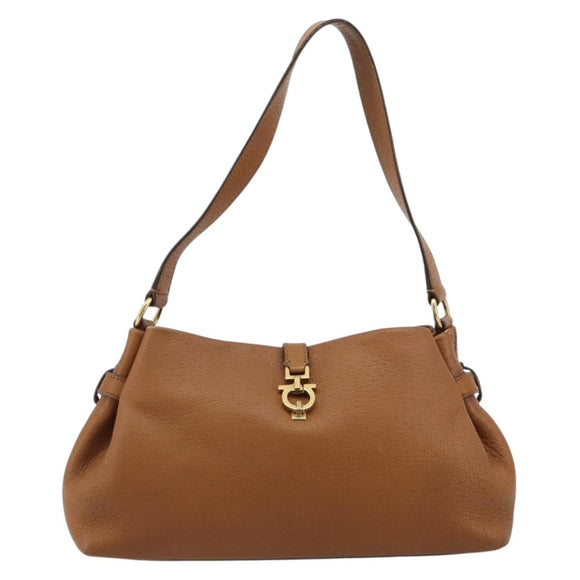 Salvatore Ferragamo Gancini Shoulder Bag Leather Brown Gold Auth 182081A