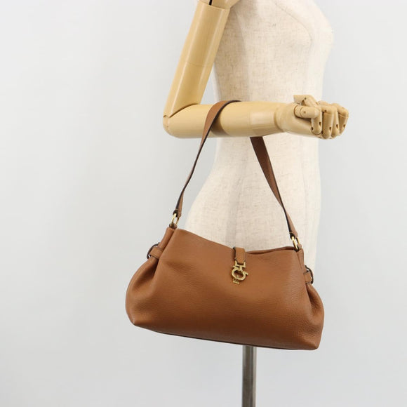 Salvatore Ferragamo Gancini Shoulder Bag Leather Brown Gold Auth 182081A