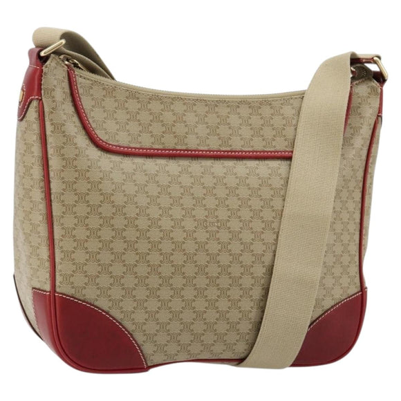 CELINE Macadam Canvas Shoulder Bag PVC Leather Beige Gold Auth 182083