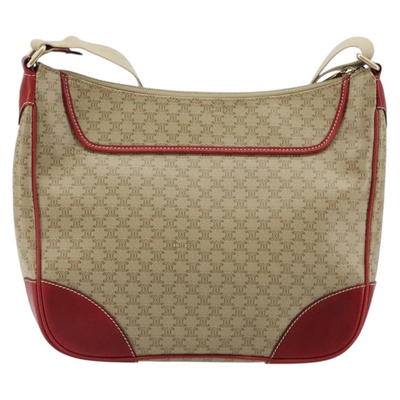 CELINE Macadam Canvas Shoulder Bag PVC Leather Beige Gold Auth 182083