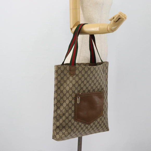 GUCCI GG Supreme Web Sherry Line Tote Bag PVC Beige Red Green Auth 182092