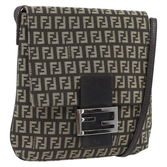 FENDI Zucchino Canvas Mamma Baguette Shoulder Bag Dark Brown Silver Auth 182097A