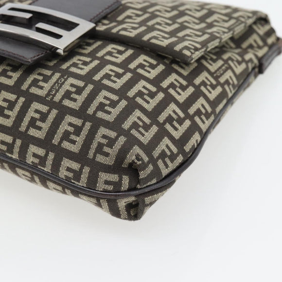 FENDI Zucchino Canvas Mamma Baguette Shoulder Bag Dark Brown Silver Auth 182097A