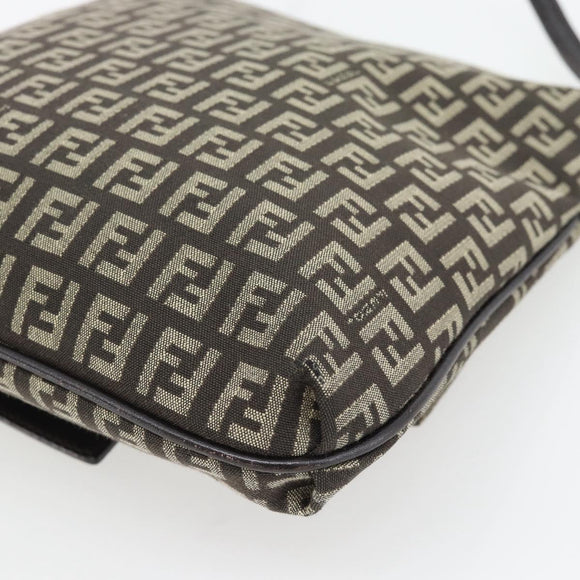 FENDI Zucchino Canvas Mamma Baguette Shoulder Bag Dark Brown Silver Auth 182097A