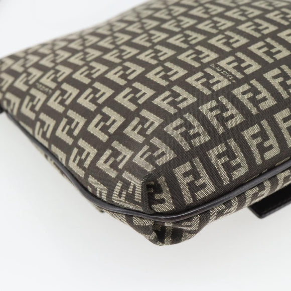FENDI Zucchino Canvas Mamma Baguette Shoulder Bag Dark Brown Silver Auth 182097A