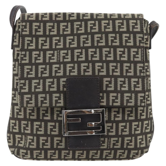 FENDI Zucchino Canvas Mamma Baguette Shoulder Bag Dark Brown Silver Auth 182097A