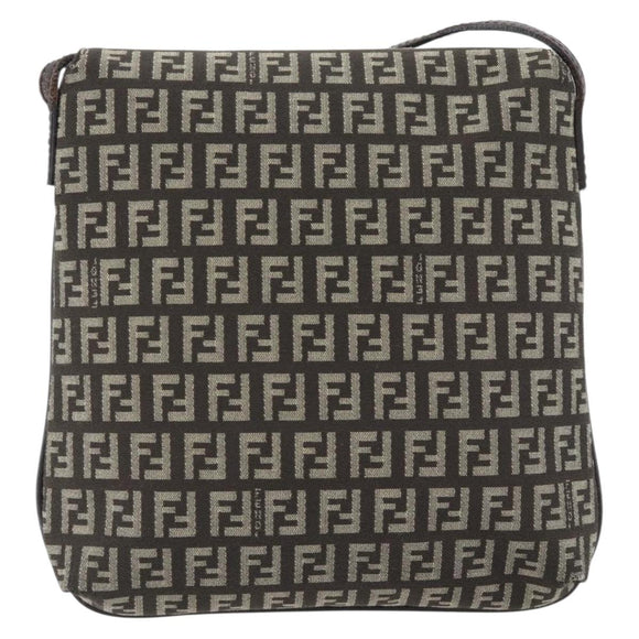 FENDI Zucchino Canvas Mamma Baguette Shoulder Bag Dark Brown Silver Auth 182097A