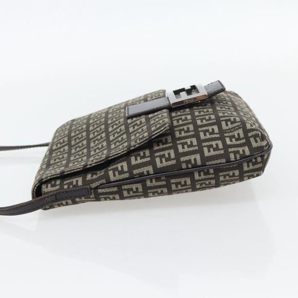 FENDI Zucchino Canvas Mamma Baguette Shoulder Bag Dark Brown Silver Auth 182097A