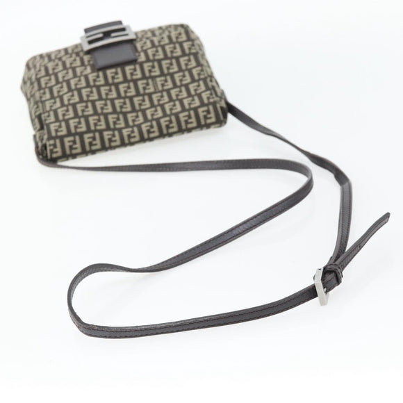 FENDI Zucchino Canvas Mamma Baguette Shoulder Bag Dark Brown Silver Auth 182097A