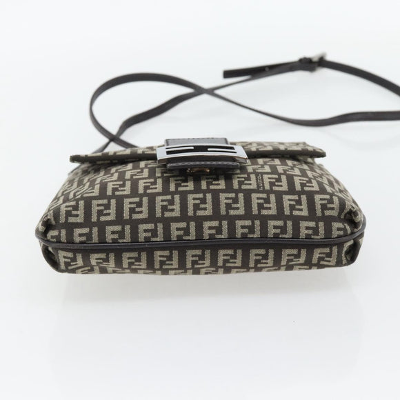 FENDI Zucchino Canvas Mamma Baguette Shoulder Bag Dark Brown Silver Auth 182097A