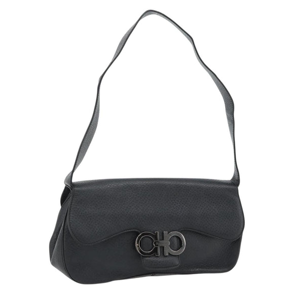 Salvatore Ferragamo Gancini Shoulder Bag Leather Black Silver Auth 182102A