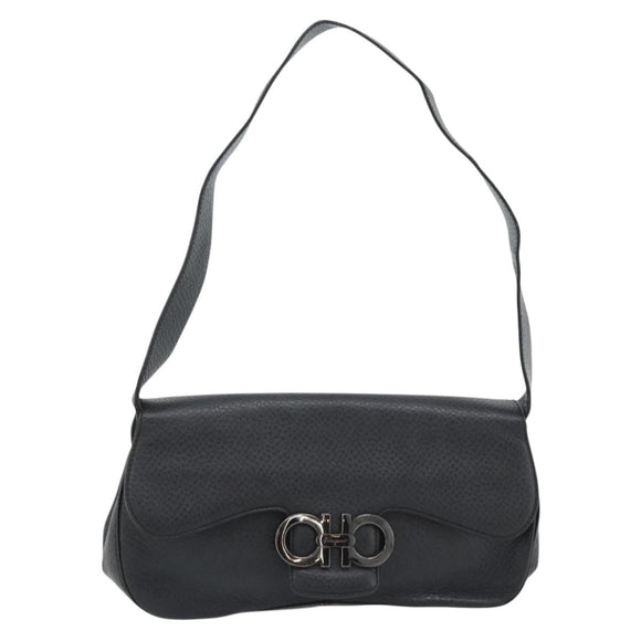 Salvatore Ferragamo Gancini Shoulder Bag Leather Black Silver Auth 182102A