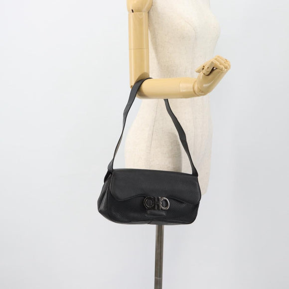 Salvatore Ferragamo Gancini Shoulder Bag Leather Black Silver Auth 182102A