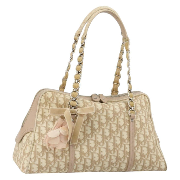 Christian Dior Trotter Canvas Romantic Hand Bag PVC Beige Silver Auth 182103