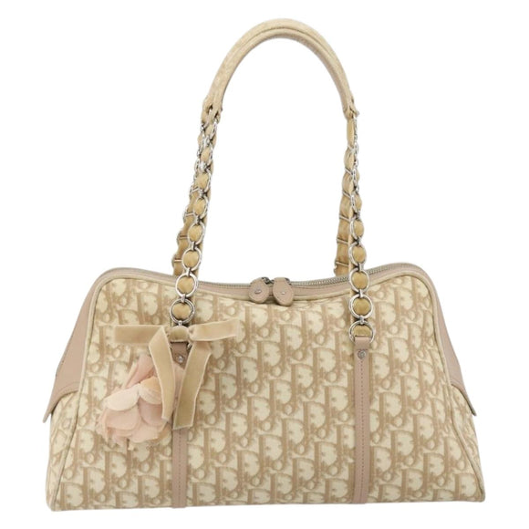 Christian Dior Trotter Canvas Romantic Hand Bag PVC Beige Silver Auth 182103
