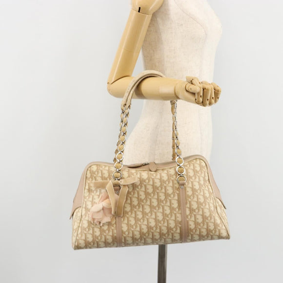 Christian Dior Trotter Canvas Romantic Hand Bag PVC Beige Silver Auth 182103