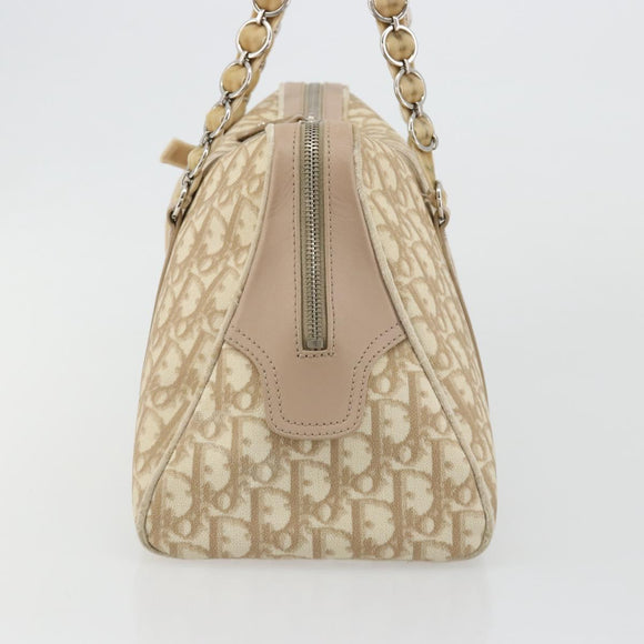 Christian Dior Trotter Canvas Romantic Hand Bag PVC Beige Silver Auth 182103