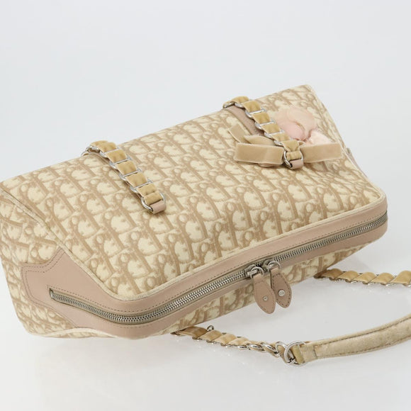 Christian Dior Trotter Canvas Romantic Hand Bag PVC Beige Silver Auth 182103