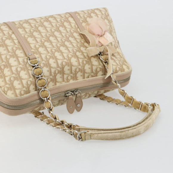 Christian Dior Trotter Canvas Romantic Hand Bag PVC Beige Silver Auth 182103