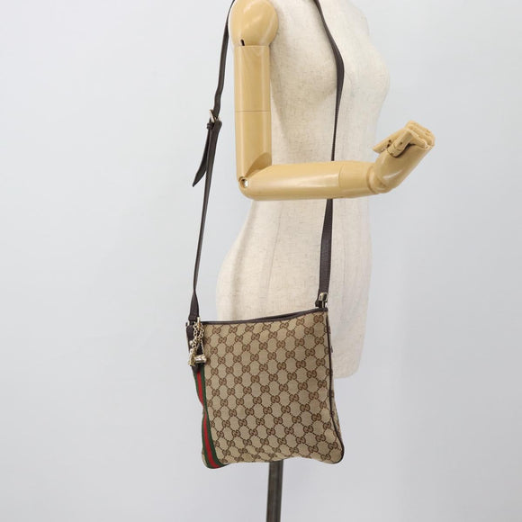 GUCCI GG Canvas Web Sherry Line Shoulder Bag Beige Gold Red 144388 Auth 182113A