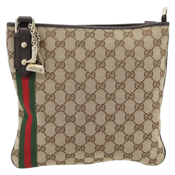 GUCCI GG Canvas Web Sherry Line Shoulder Bag Beige Gold Red 144388 Auth 182113A