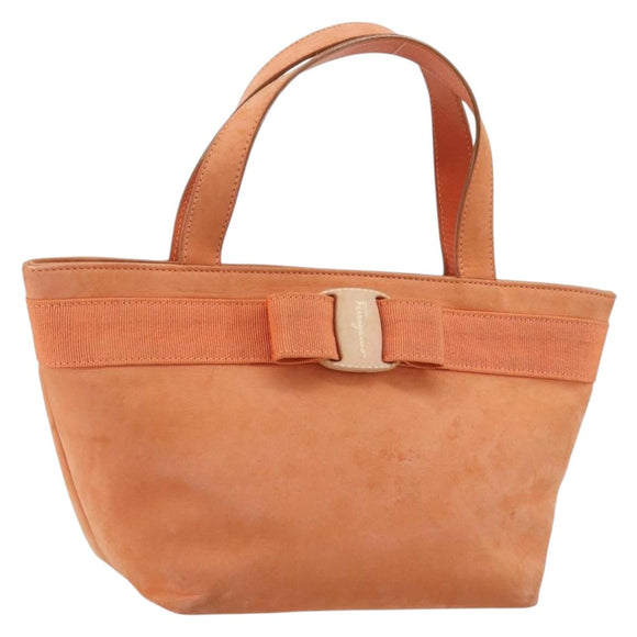 Salvatore Ferragamo Vara Ribbon Hand Bag Suede Orange Silver Auth 182149
