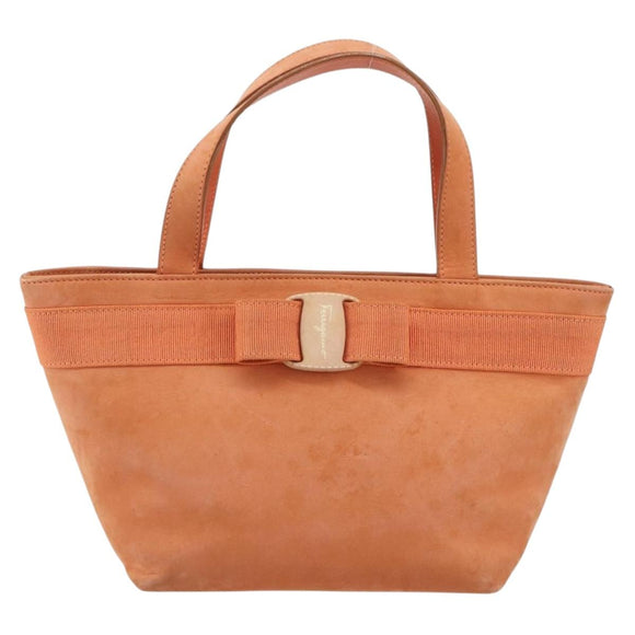 Salvatore Ferragamo Vara Ribbon Hand Bag Suede Orange Silver Auth 182149