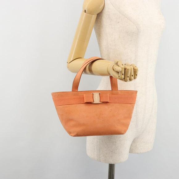 Salvatore Ferragamo Vara Ribbon Hand Bag Suede Orange Silver Auth 182149