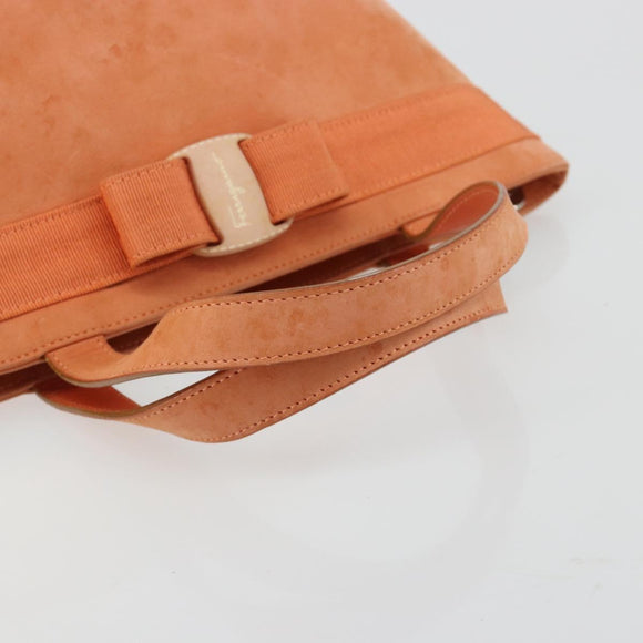 Salvatore Ferragamo Vara Ribbon Hand Bag Suede Orange Silver Auth 182149