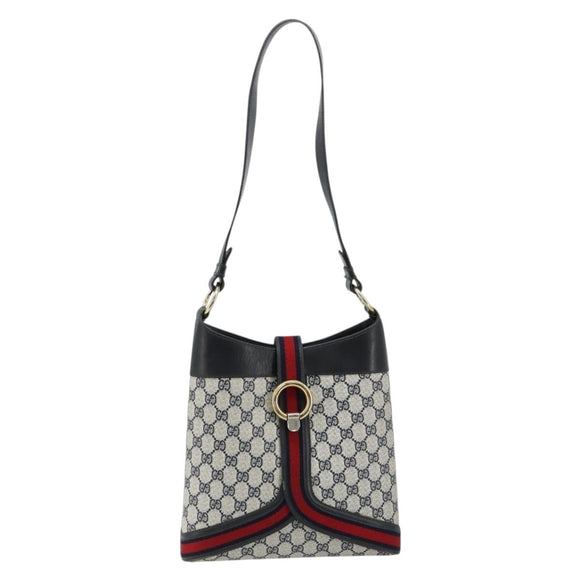 GUCCI GG Supreme Sherry Line Shoulder Bag PVC Navy Gold Auth 182154A