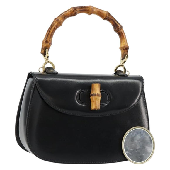 GUCCI Bamboe Handtas Leer Zwart Goud 000 2046 0188 Auth 182167V