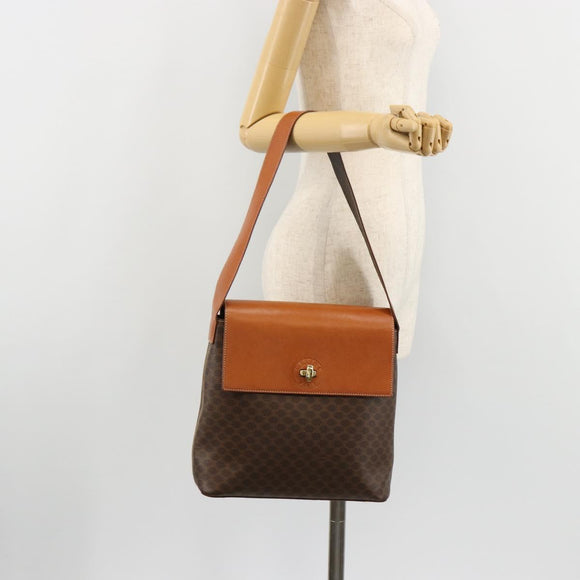 CELINE Macadam Canvas Shoulder Bag PVC Leather Brown Gold Auth 182190A